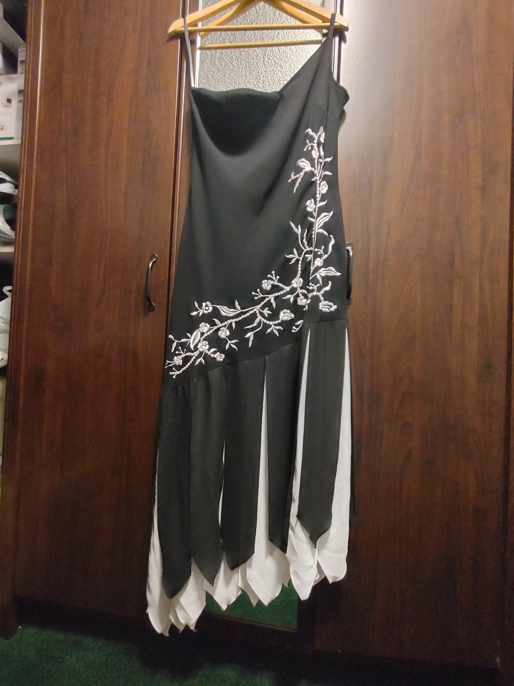 Joseph Ribkoff Black and White Asymmetrical Floral-Embroidered Dress